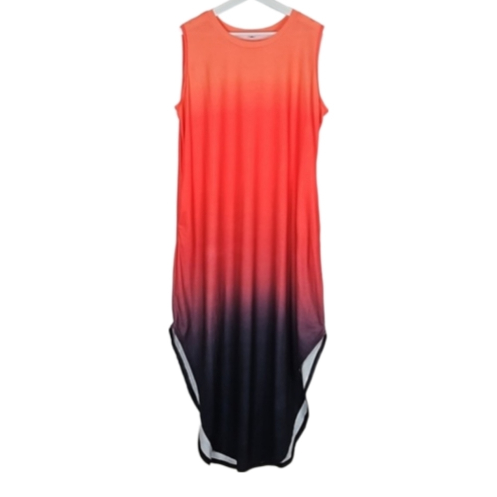 Ombre Maxi Dress with Pockets in Orange, Coral, amd Purple-Black, Size 2X